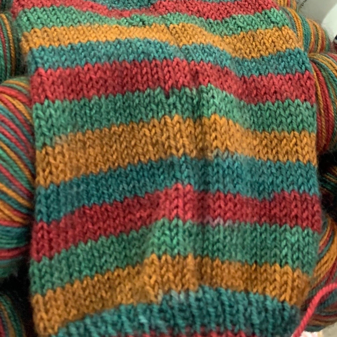 a multi colored striped scarf